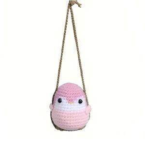 Handmade Cute Crochet Pink Penguin Car Decor Swinging Positive Animal Charm